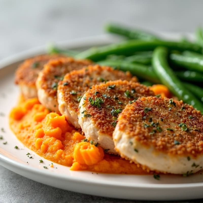 Herb-Crusted Turkey Cutlets with Steamed Green Beans and Sweet Potato Mash
