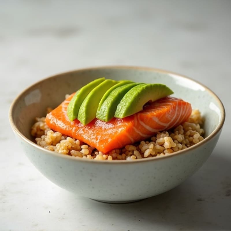 Tin Salmon with Brown Rice Quinoa Cup and Sliced Avocado
