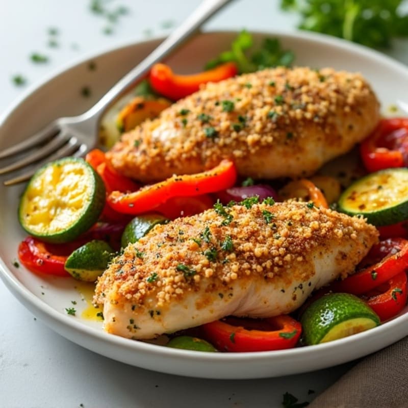 Herb-Crusted Sheet Pan Chicken with Roasted Rainbow Vegetables
