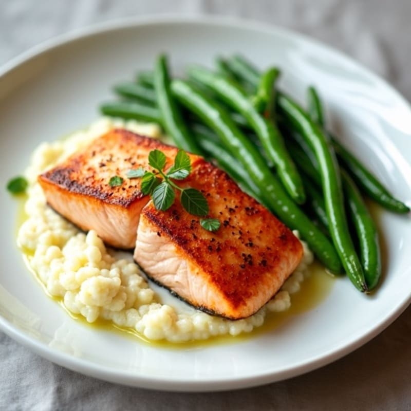 Seared Salmon with Steamed Green Beans and Cauliflower Mash