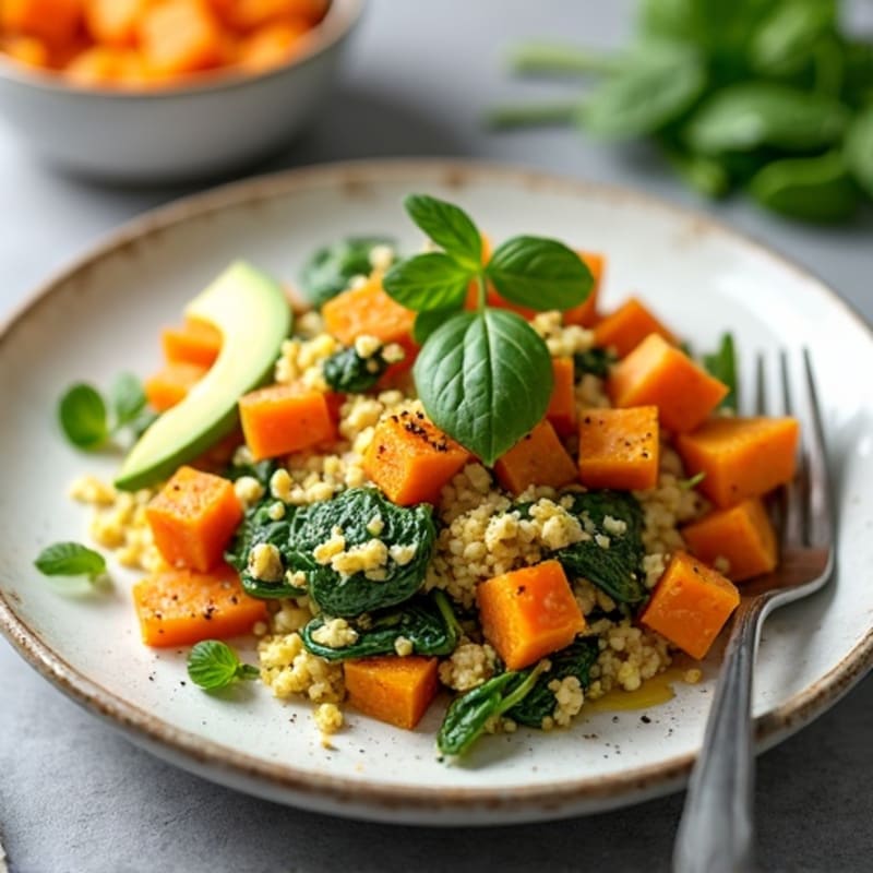 Egg White and Turkey Spinach Scramble with Roasted Sweet Potatoes
