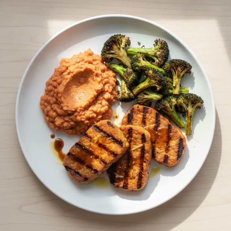 Grilled Tempeh Steaks with Roasted Broccoli and Lentil Mash