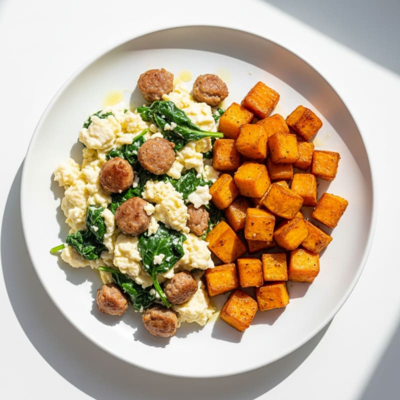 Egg White and Turkey Sausage Scramble with Spinach and Roasted Sweet Potato