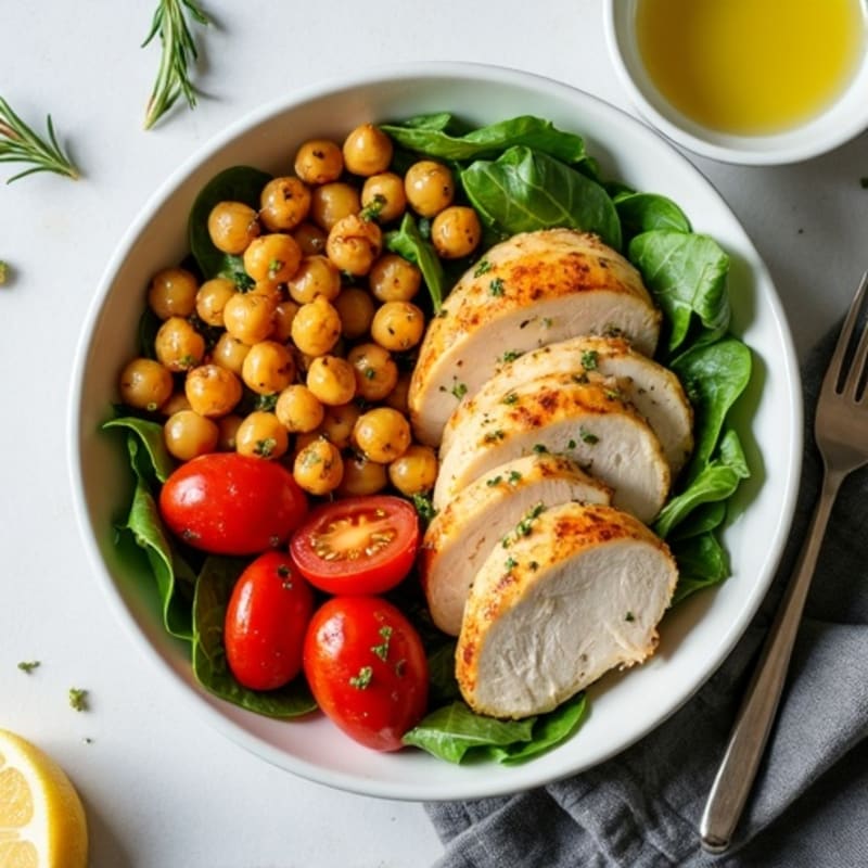 Herb-Roasted Chicken and Crispy Chickpea Bowl with Lemon-Garlic Vinaigrette