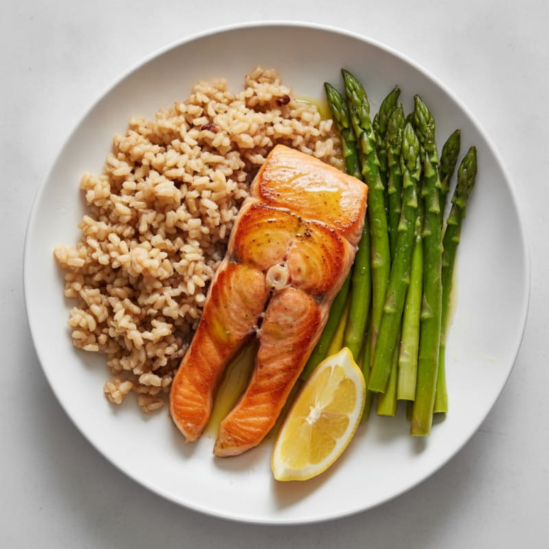 Seared Salmon with Steamed Asparagus and Brown Rice