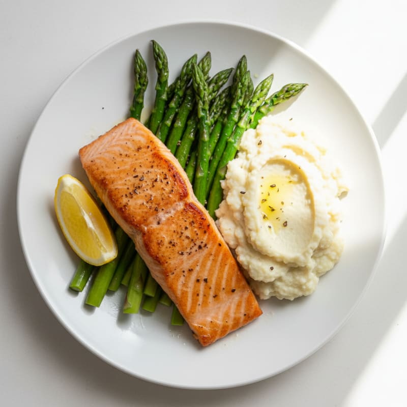 Seared Salmon with Steamed Asparagus and Cauliflower Mash