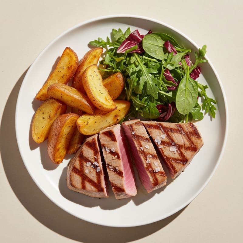 Grilled Tuna Steak with Roasted Potato and Leafy Greens