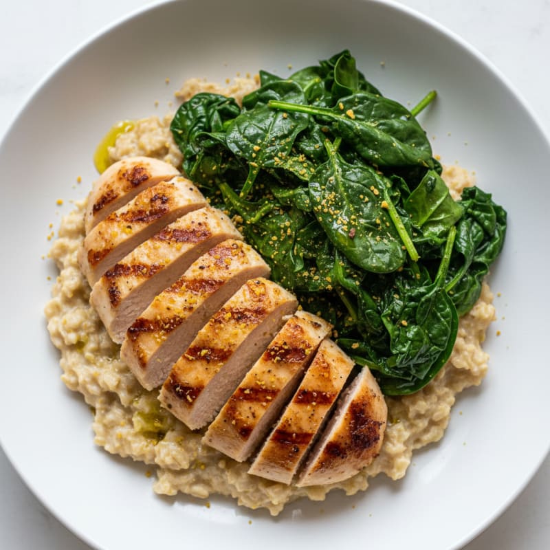 Egg White Oatmeal Bowl with Grilled Chicken and Spinach
