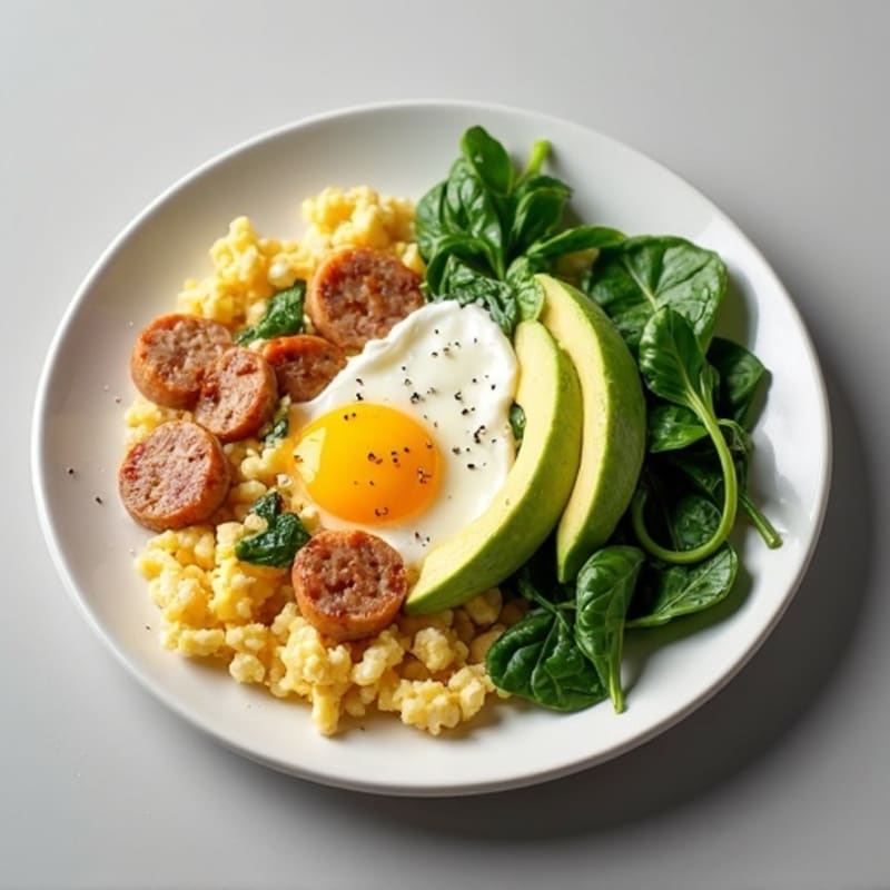 Egg White and Turkey Sausage Scramble with Cottage Cheese and Spinach
