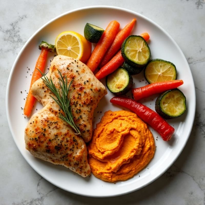 Herb-Roasted Chicken with Roasted Vegetables and Creamy Red Pepper Hummus