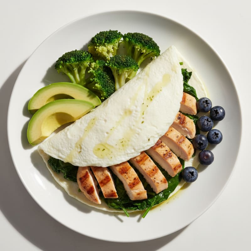 Spinach Egg White Omelette with Grilled Chicken and Fresh Berries