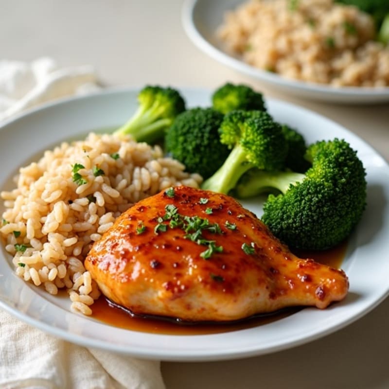 Sweet and Savory Glazed Chicken with Fluffy Brown Rice and Roasted Broccoli