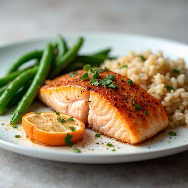 Seared Salmon Fillet with Garlic Green Beans and Brown Rice