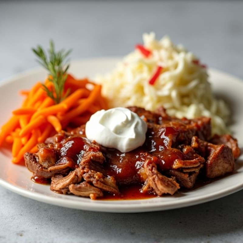 Slow Cooker BBQ Pulled Pork with Creamy Slaw and Roasted Sweet Potatoes