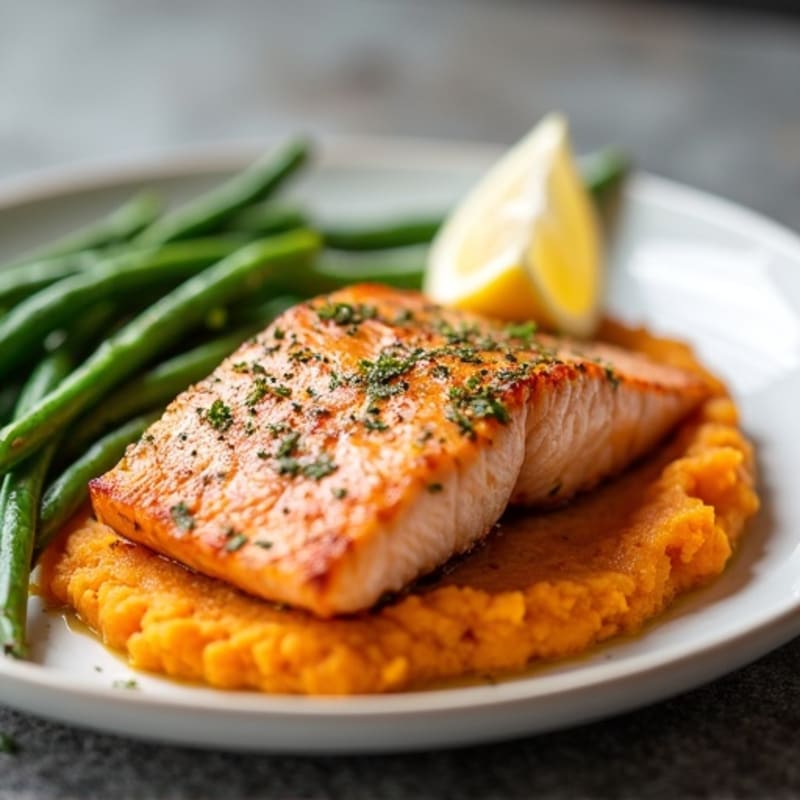 Seared Salmon Fillet with Steamed Green Beans and Sweet Potato Mash