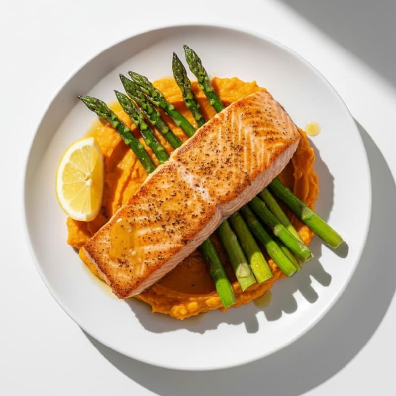 Seared Salmon with Roasted Asparagus and Sweet Potato Mash