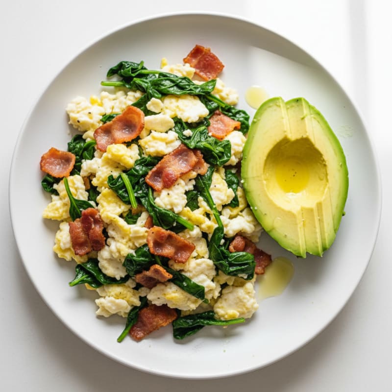 Crispy Turkey Bacon and Egg White Scramble with Sautéed Spinach