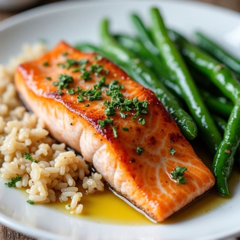 Seared Salmon with Garlic Green Beans and Brown Rice