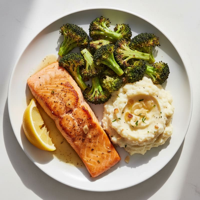 Seared Salmon Fillet with Roasted Broccoli and Garlic Mashed Cauliflower