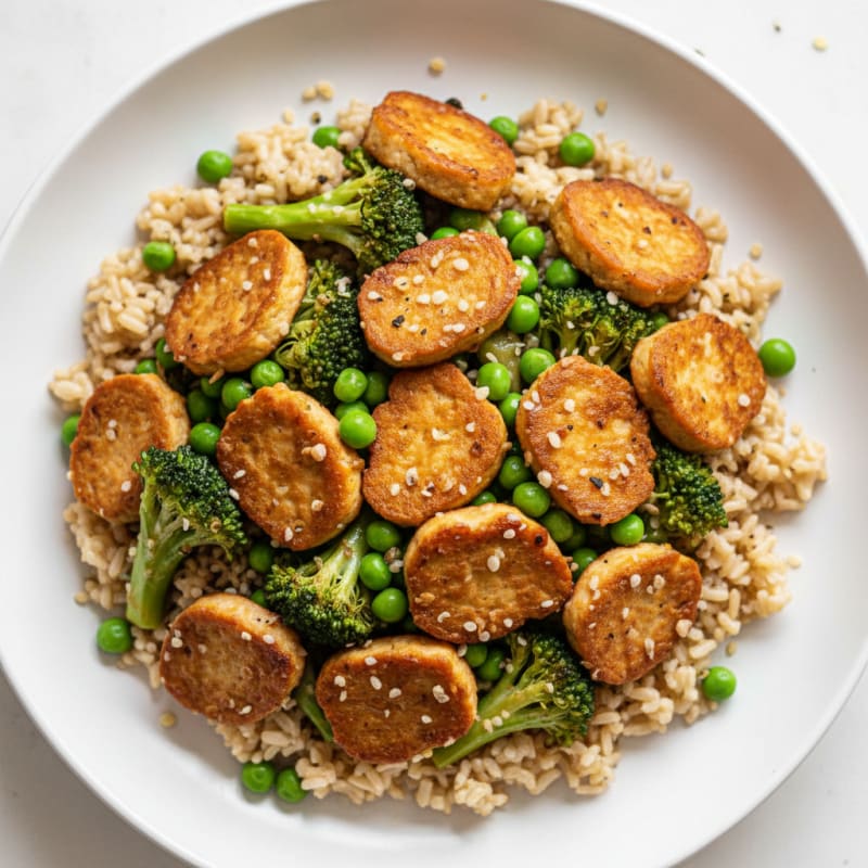 Crispy Tofu-Free Tempeh Stir Fry with Edamame and Brown Rice