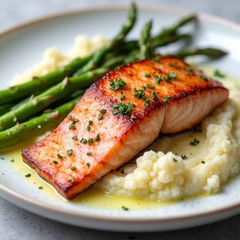 Seared Salmon with Steamed Asparagus and Cauliflower Mash
