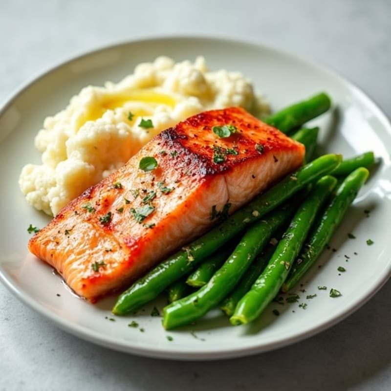 Seared Salmon with Garlic Green Beans and Mashed Cauliflower