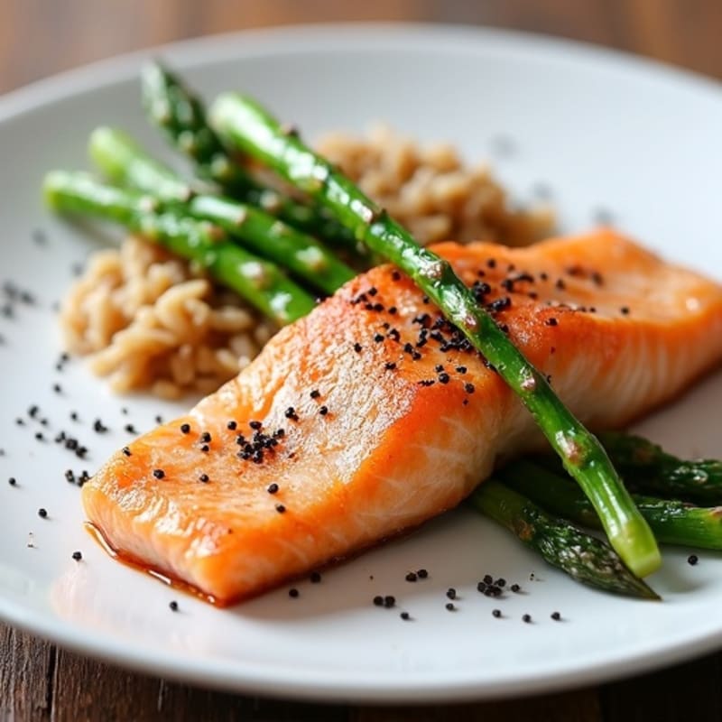 Seared Salmon Fillet with Steamed Asparagus and Brown Rice
