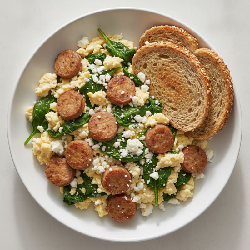 Egg White and Turkey Sausage Scramble with Spinach and Feta