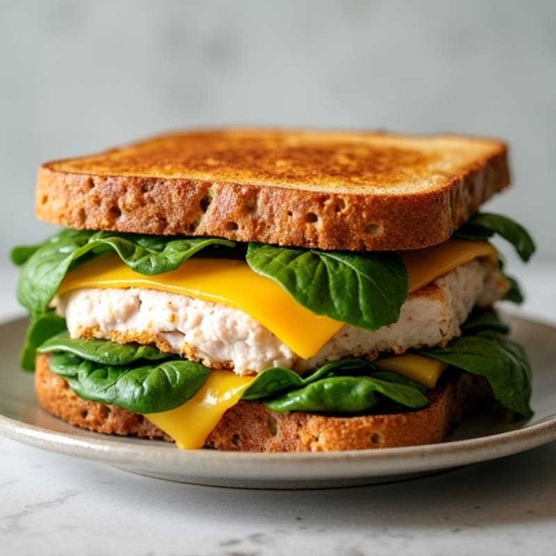 Crispy Whole Grain Stacked Turkey and Spinach Grilled Sandwich with Melted Swiss
