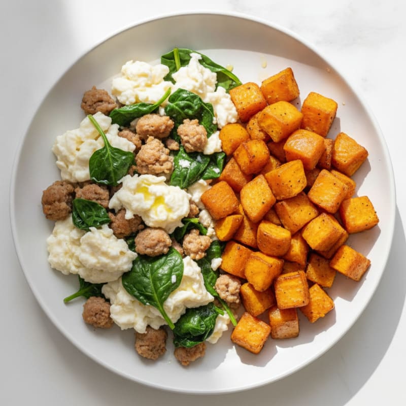 Egg White and Turkey Sausage Scramble with Spinach and Roasted Sweet Potatoes