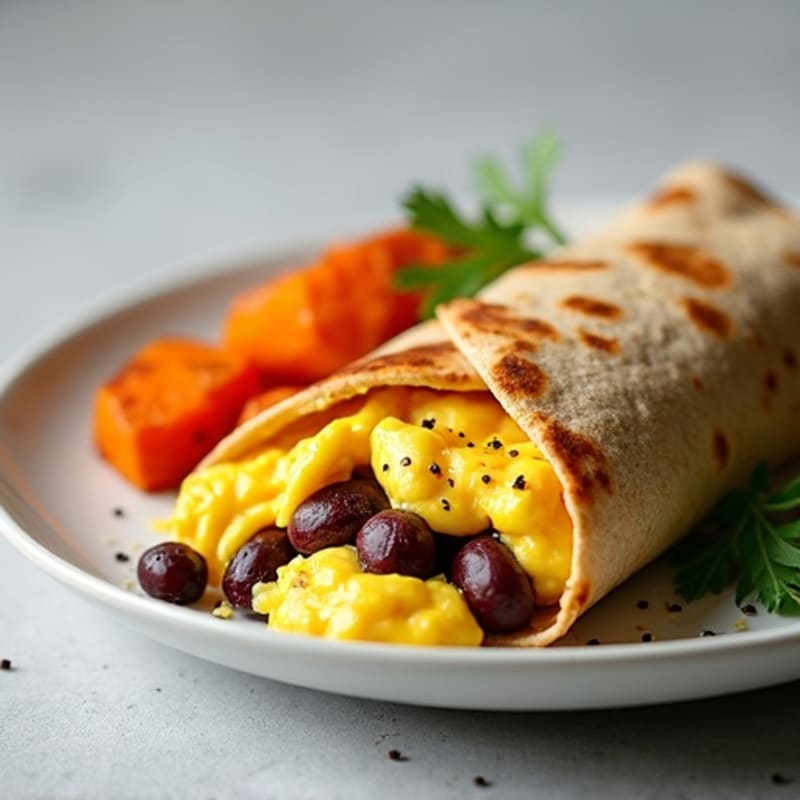 Fresh Scrambled Egg and Black Bean Burrito with Roasted Sweet Potatoes