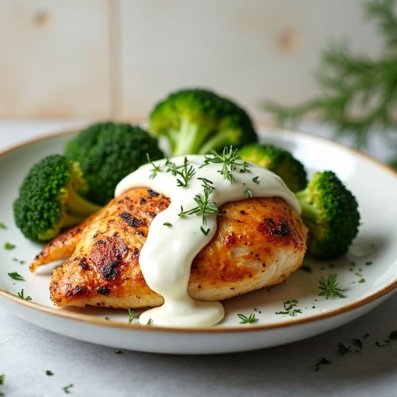 Roasted Chicken and Broccoli with Creamy Yogurt Dill Sauce