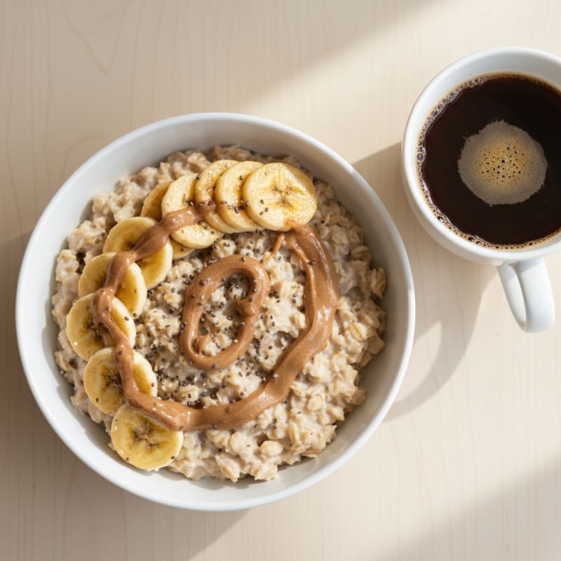Creamy Greek Yogurt Oats with Sliced Banana and Coffee
