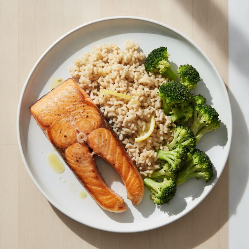 Pan-Seared Salmon with Steamed Broccoli and Brown Rice