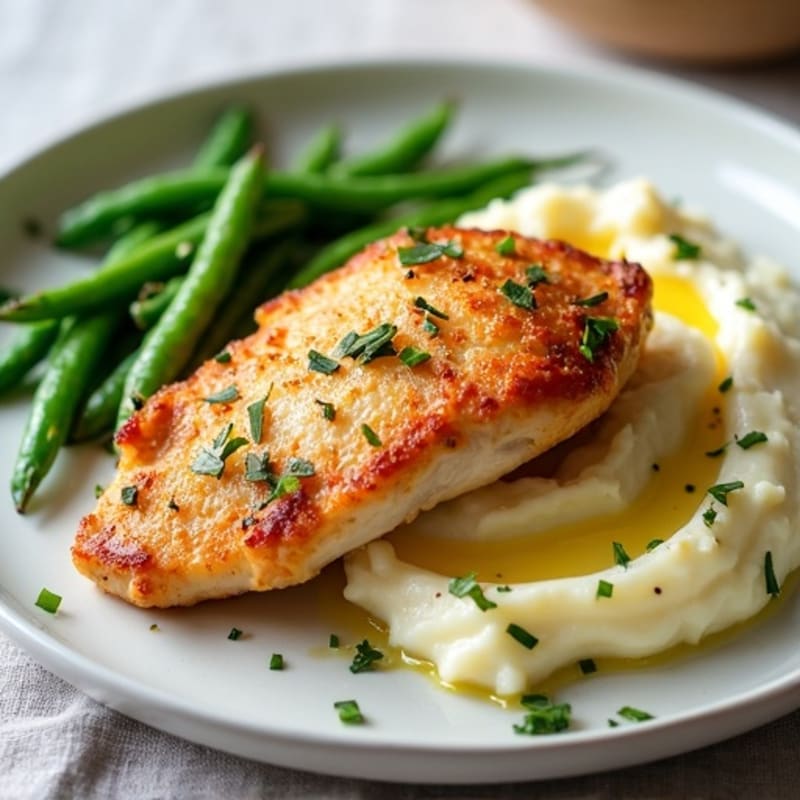 Crispy Pan-Seared Chicken with Creamy Garlic Mashed Potatoes and Roasted Green Beans