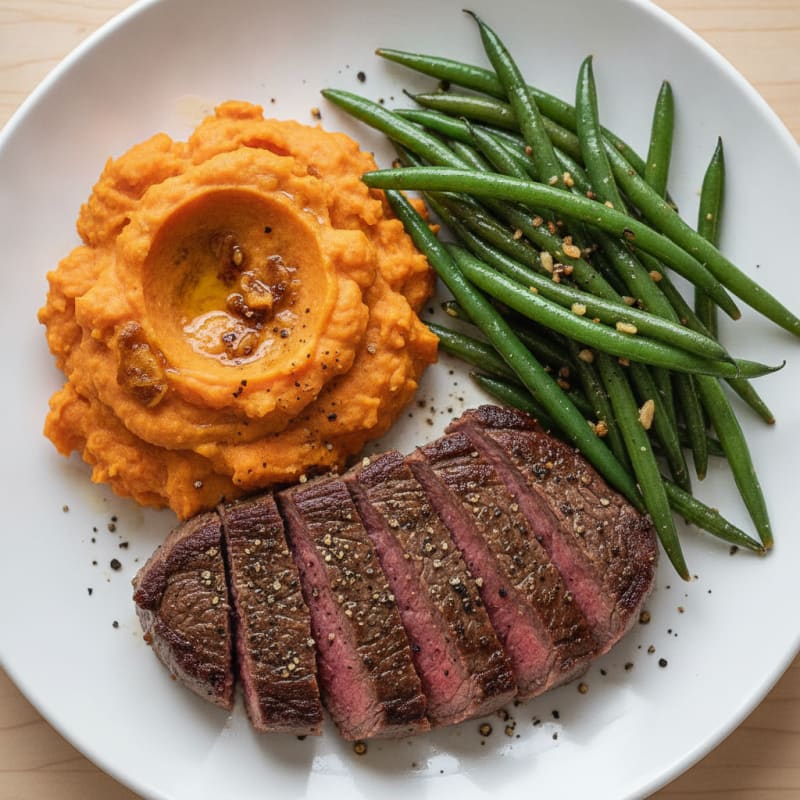 Seared Lean Beef with Garlic Green Beans and Sweet Potato Mash