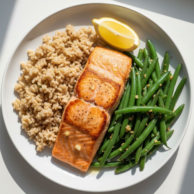 Seared Salmon with Garlic Green Beans and Brown Rice