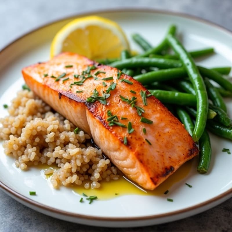 Seared Salmon with Garlic Green Beans and Steamed Brown Rice