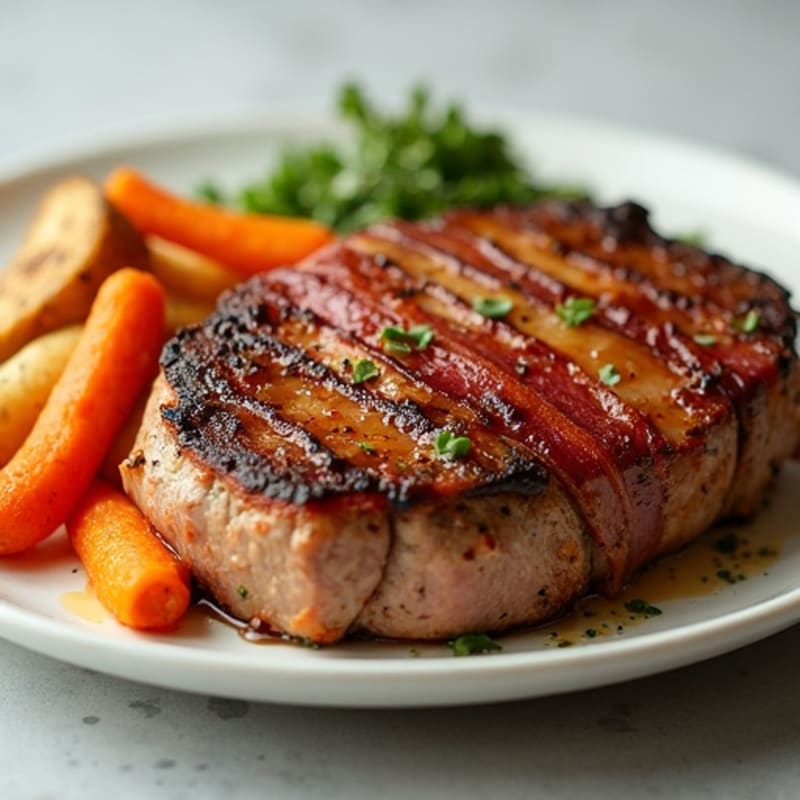 Bacon-Wrapped Herb-Crusted Steak with Creamy Cheesy Root Vegetables