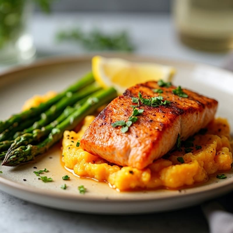 Seared Salmon with Roasted Asparagus and Smashed Sweet Potatoes