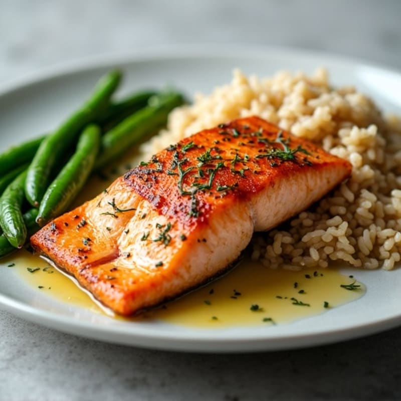 Seared Salmon with Garlic Green Beans and Brown Rice