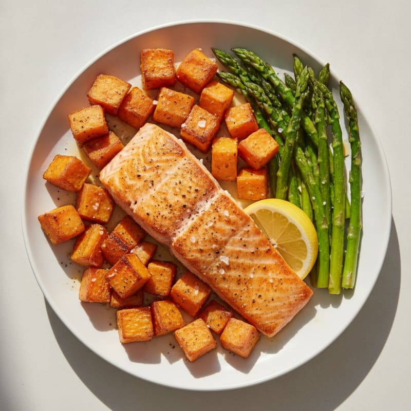 Seared Salmon with Roasted Sweet Potatoes and Asparagus