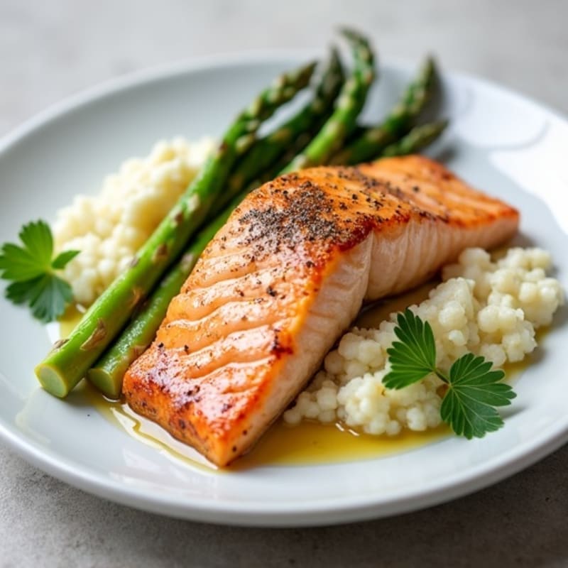 Seared Salmon Fillet with Steamed Asparagus and Cauliflower Mash