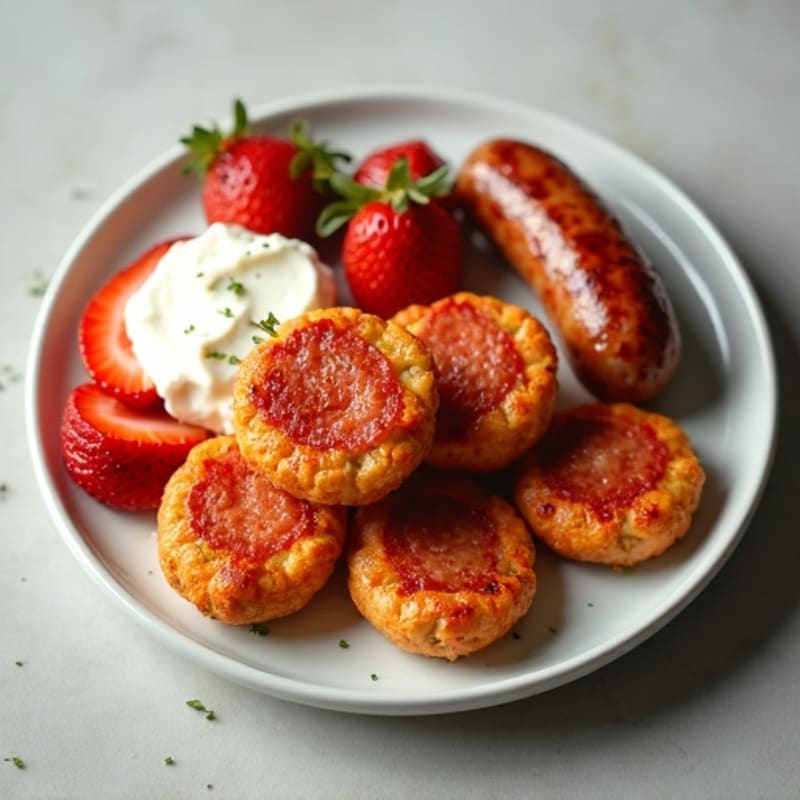 Crispy Turkey Pepperoni Bites with Sliced Strawberries, Cottage Cheese, and Herb Chicken Sausage