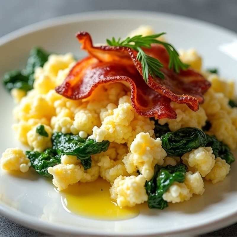 Cottage Cheese Egg Scramble with Spinach and Turkey Bacon