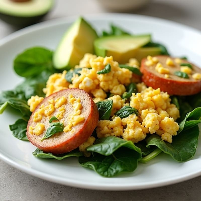 Egg White and Turkey Sausage Scramble with Spinach, Cottage Cheese, and Avocado