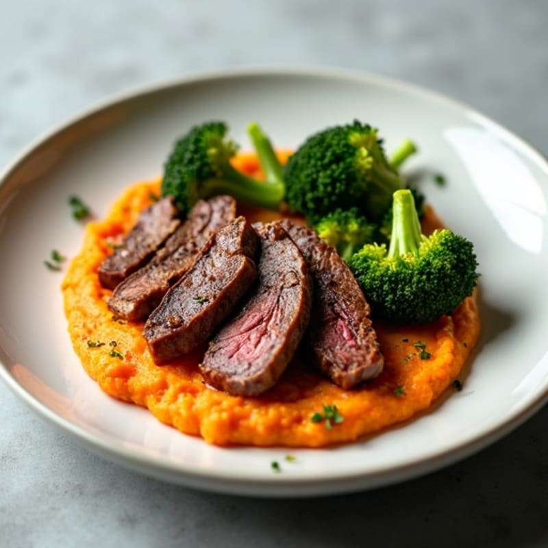 Seared Beef Strips with Roasted Broccoli and Sweet Potato Mash