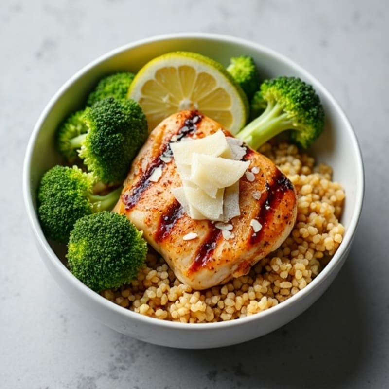 Grilled Chicken and Broccoli Quinoa Bowl with Shredded Parmesan