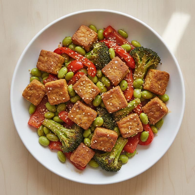 Baked Tempeh and Edamame with Roasted Vegetables