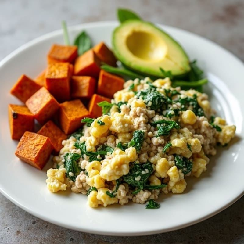 Egg White and Turkey Spinach Scramble with Roasted Sweet Potato